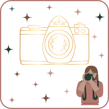 Graphic showing camera icon and graphic of brand photographer with small decorative stars in the background.