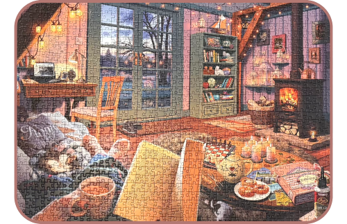 Picture of a completed jigsaw puzzle showing a cosy living room with a desk, fireplace, bookshelf, French doors, wooden beams and a wooden floor. In the foreground a woman's hands are holding an open book and a mug of tea. A cat is curled up next to her on the sofa and next to the sofa a dog sleeps under a table laden with a chess board, candles, a teapot, 3 pastries, postcards, a scrapbook and a pot of glue.