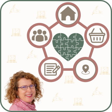 Interconnected website icons with a puzzle heart in the centre and a photo of Sarah Marshall, web content writer.